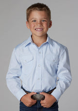 Roper Boys Light Blue Tone On Tone Horseshoes Long Sleeve Snap Western