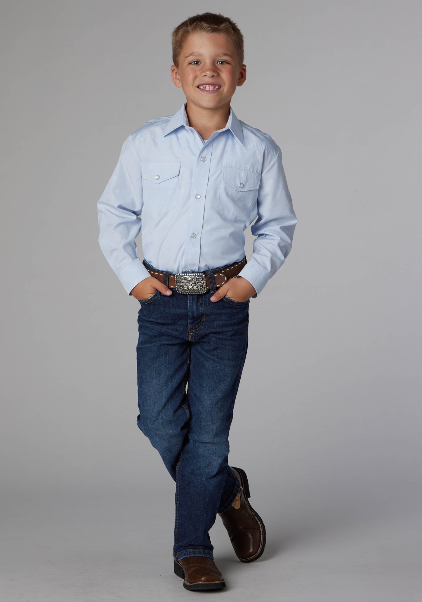 Roper Boys Light Blue Tone On Tone Horseshoes Long Sleeve Snap Western Shirt