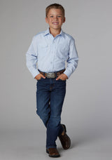 Roper Boys Light Blue Tone On Tone Horseshoes Long Sleeve Snap Western Shirt