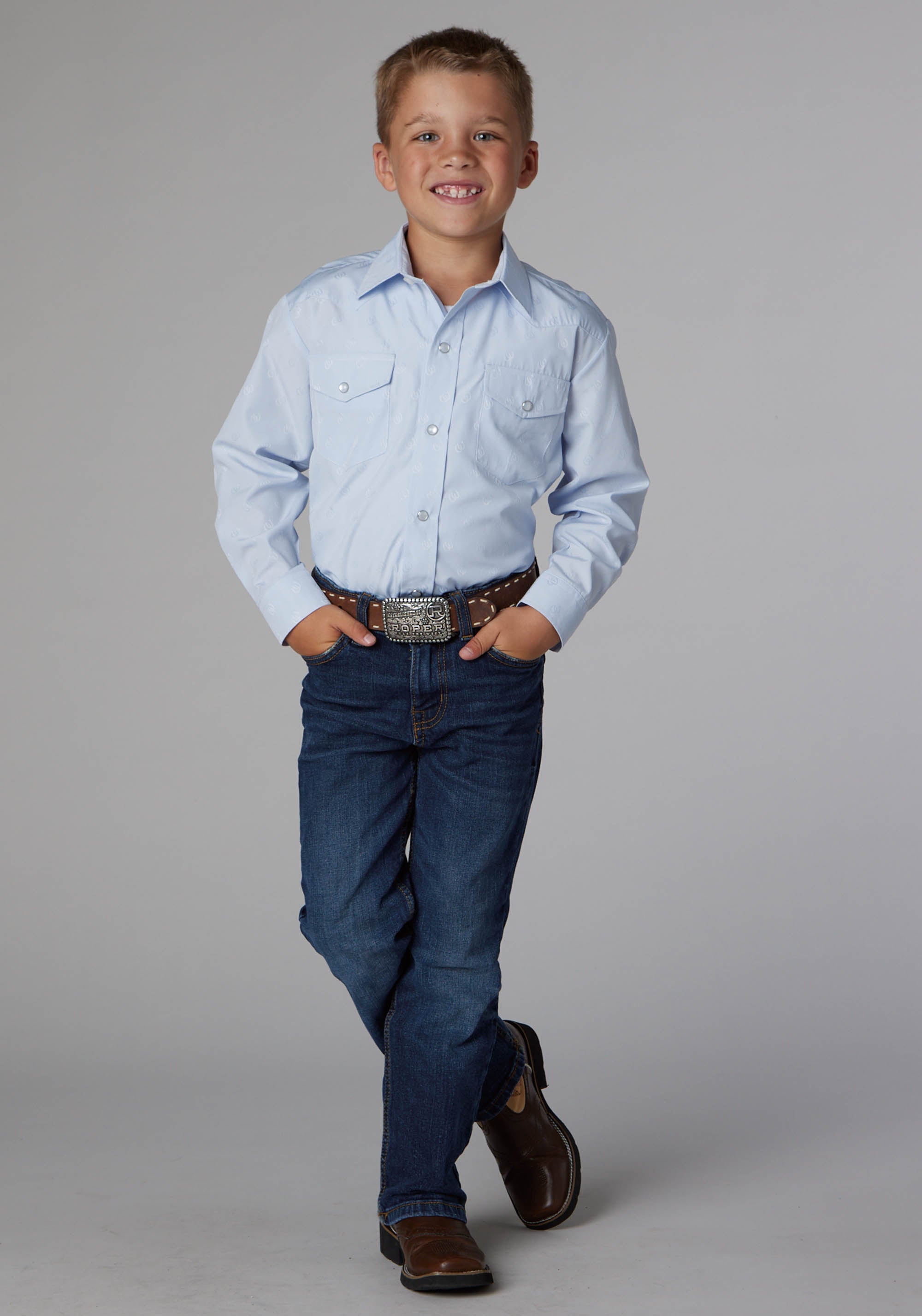 Roper Boys Light Blue Tone On Tone Horseshoes Long Sleeve Snap Western Shirt