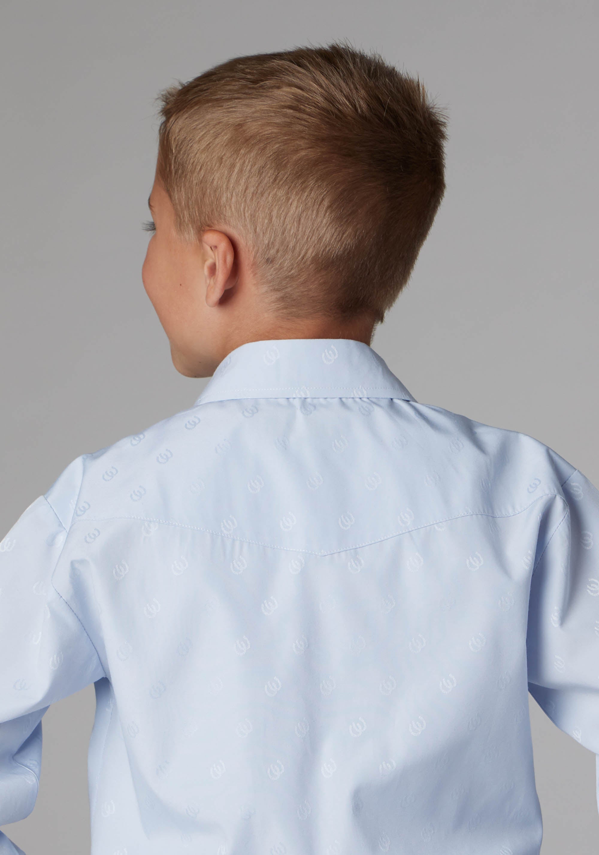 Roper Boys Light Blue Tone On Tone Horseshoes Long Sleeve Snap Western Shirt