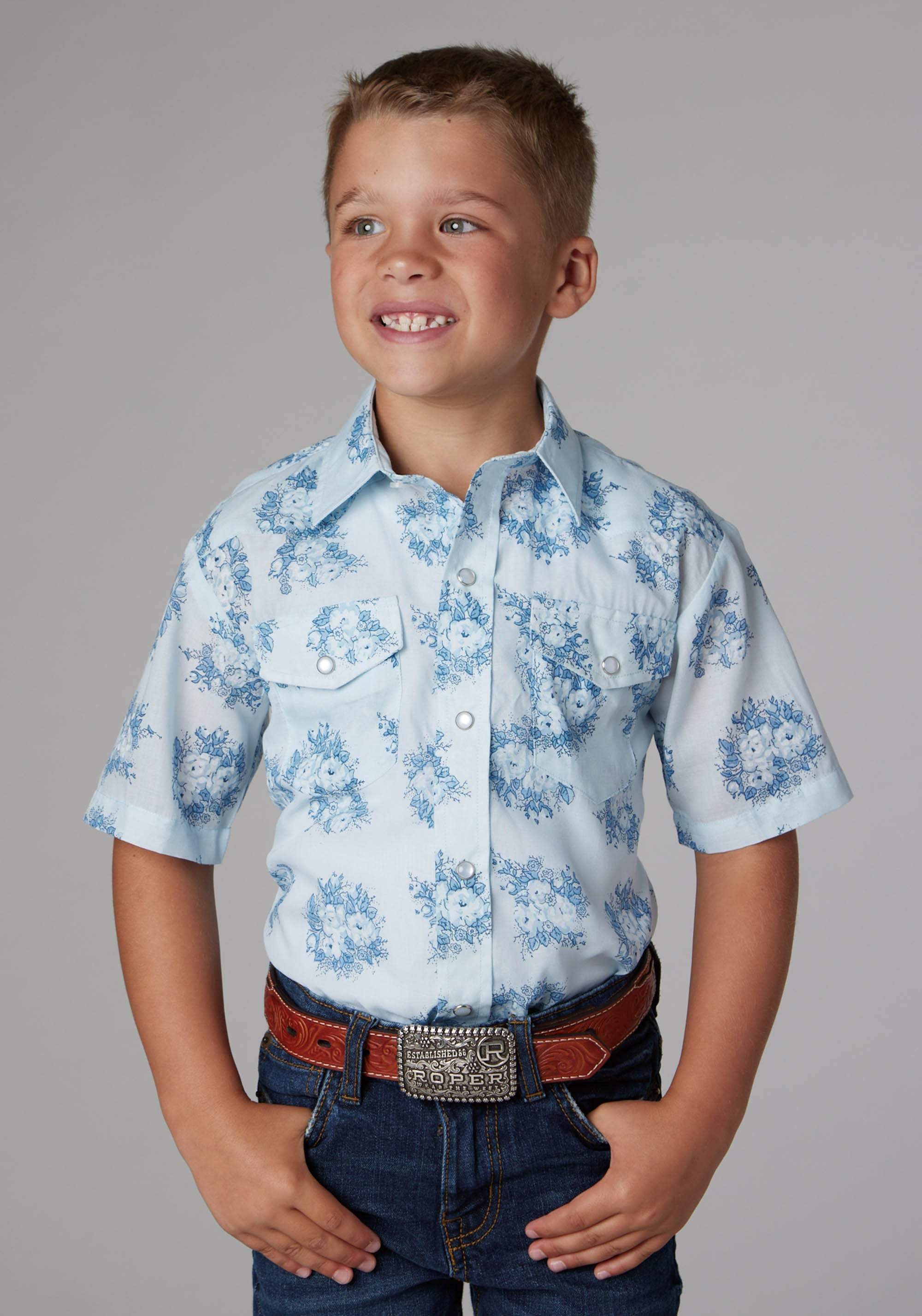 Roper Boys Multi Blue Floral Print Short Sleeve Snap Western Shirt - Roper - Flyclothing LLC