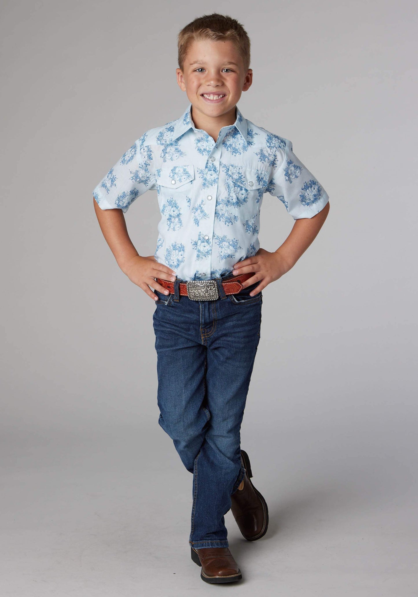 Roper Boys Multi Blue Floral Print Short Sleeve Snap Western Shirt - Roper - Flyclothing LLC