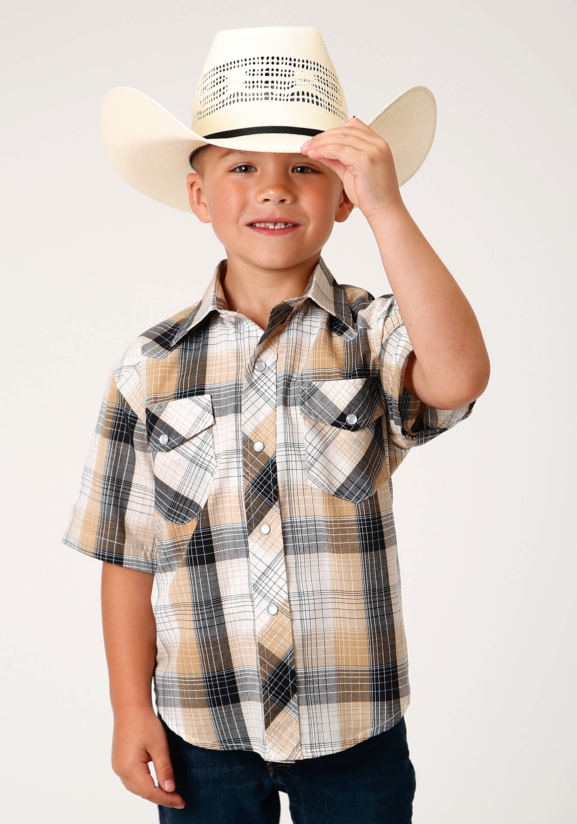Roper Boys Short Sleeve Snap Black  Khaki  White Plaid Western Shirt