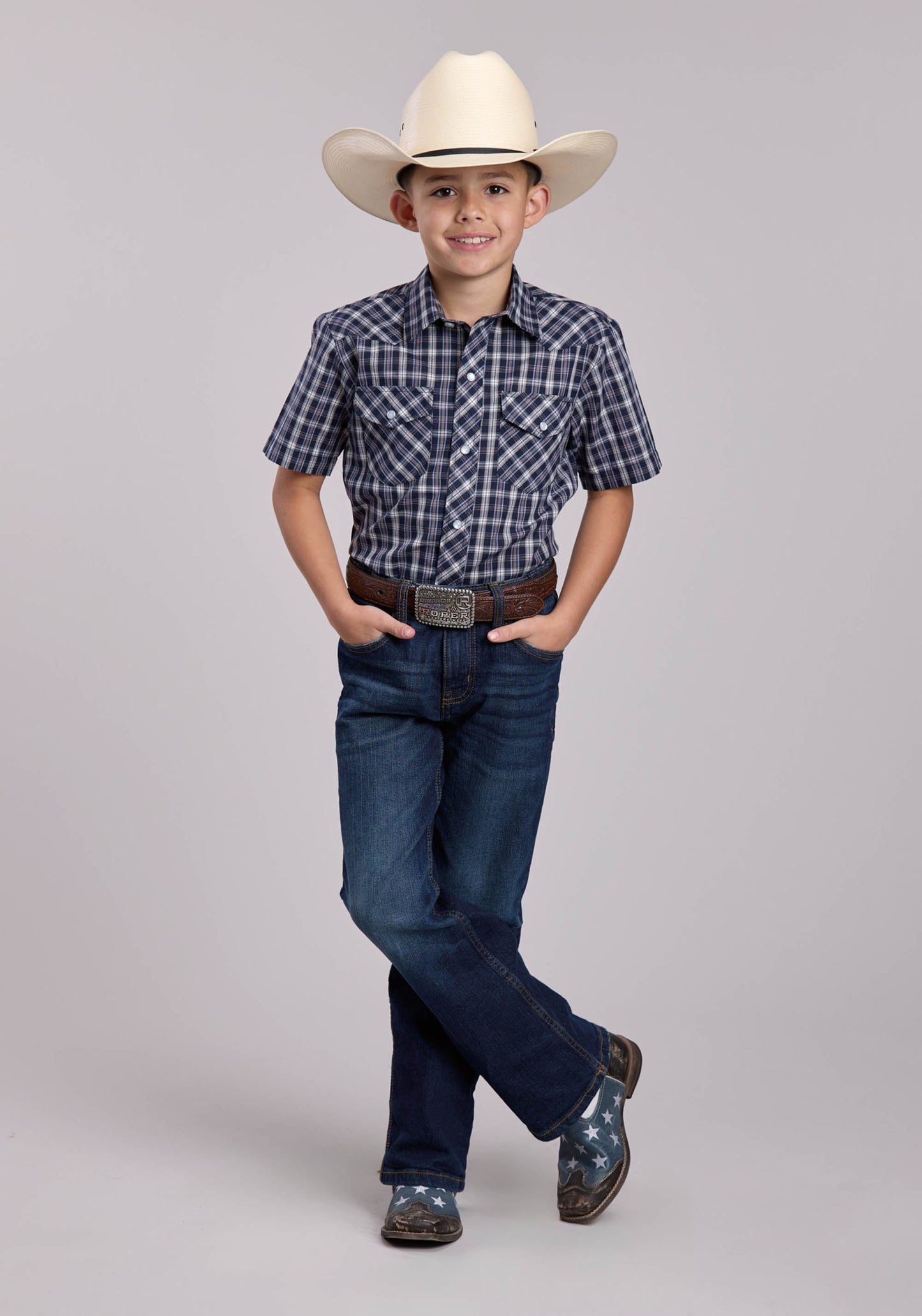 Boys Roper Navy Plaid Short Sleeve Snap Shirt
