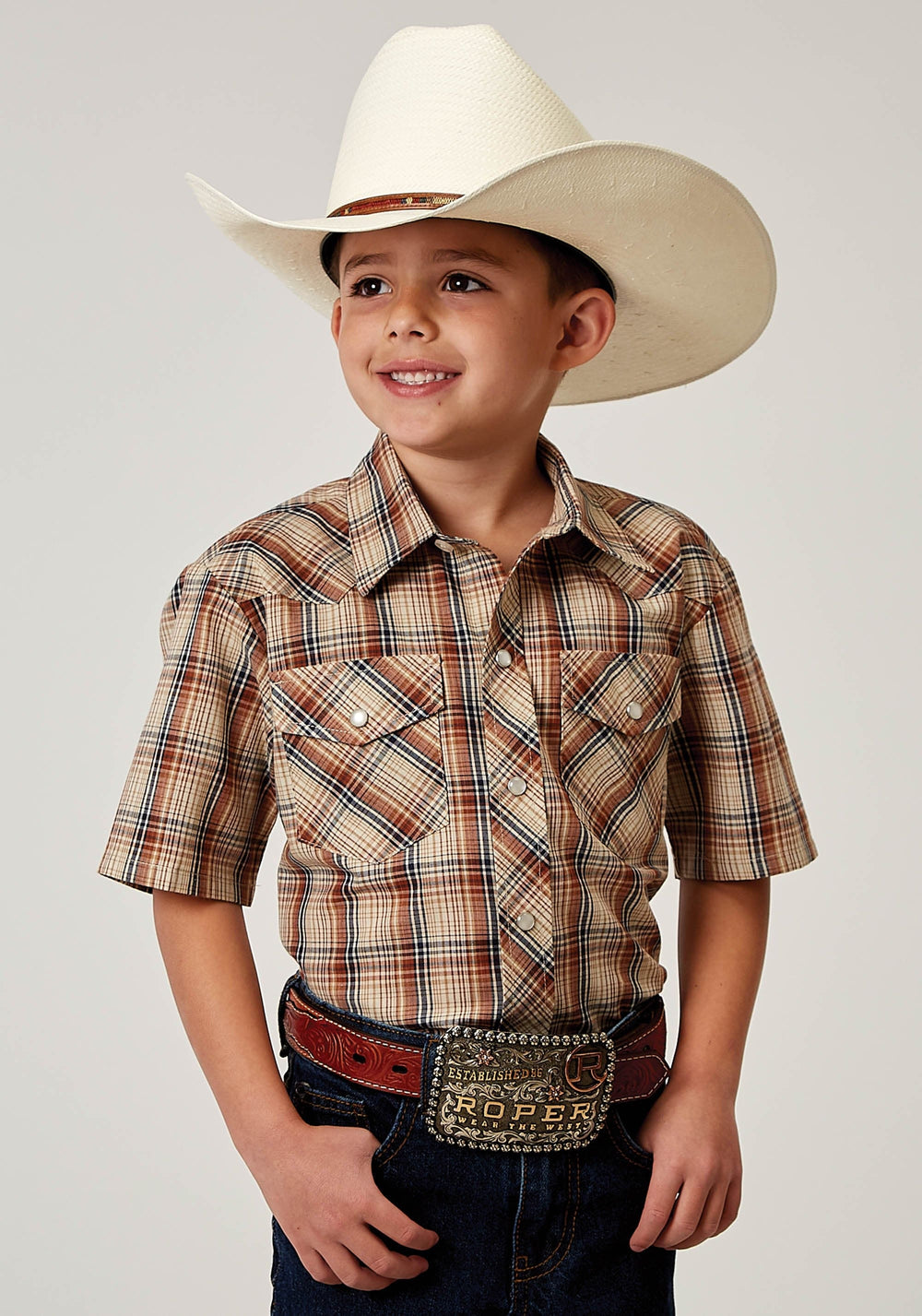 Roper Boys Short Sleeve Snap Brown Plaid Western Shirt - Roper