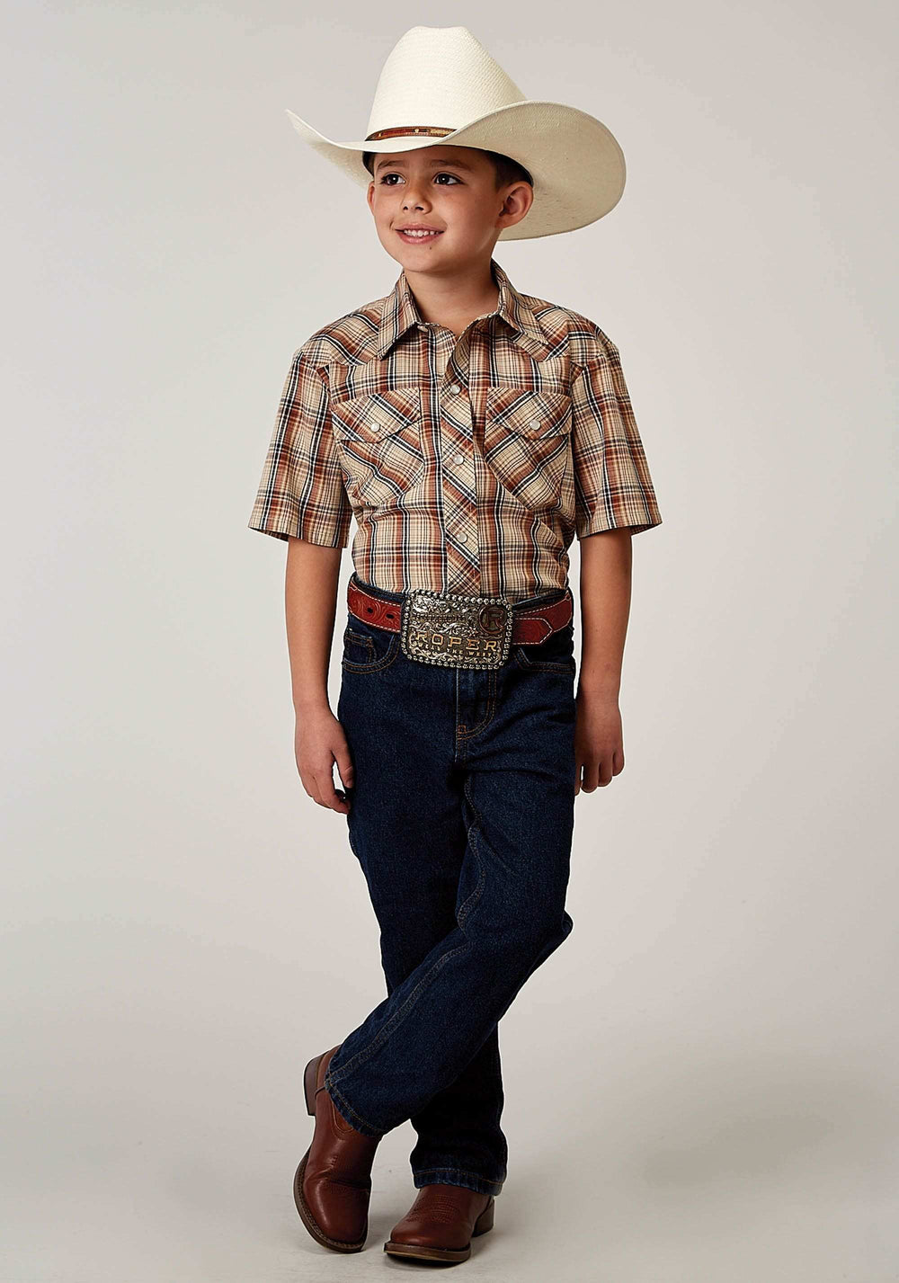 Roper Boys Short Sleeve Snap Brown Plaid Western Shirt - Roper - Flyclothing LLC