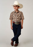Roper Boys Short Sleeve Snap Brown Plaid Western Shirt - Roper