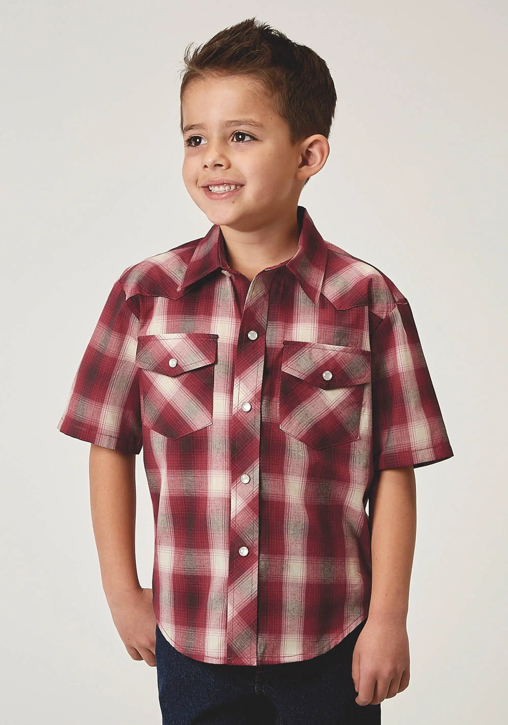 Roper Boys Short Sleeve Snap Red Plaid Western Shirt - Roper