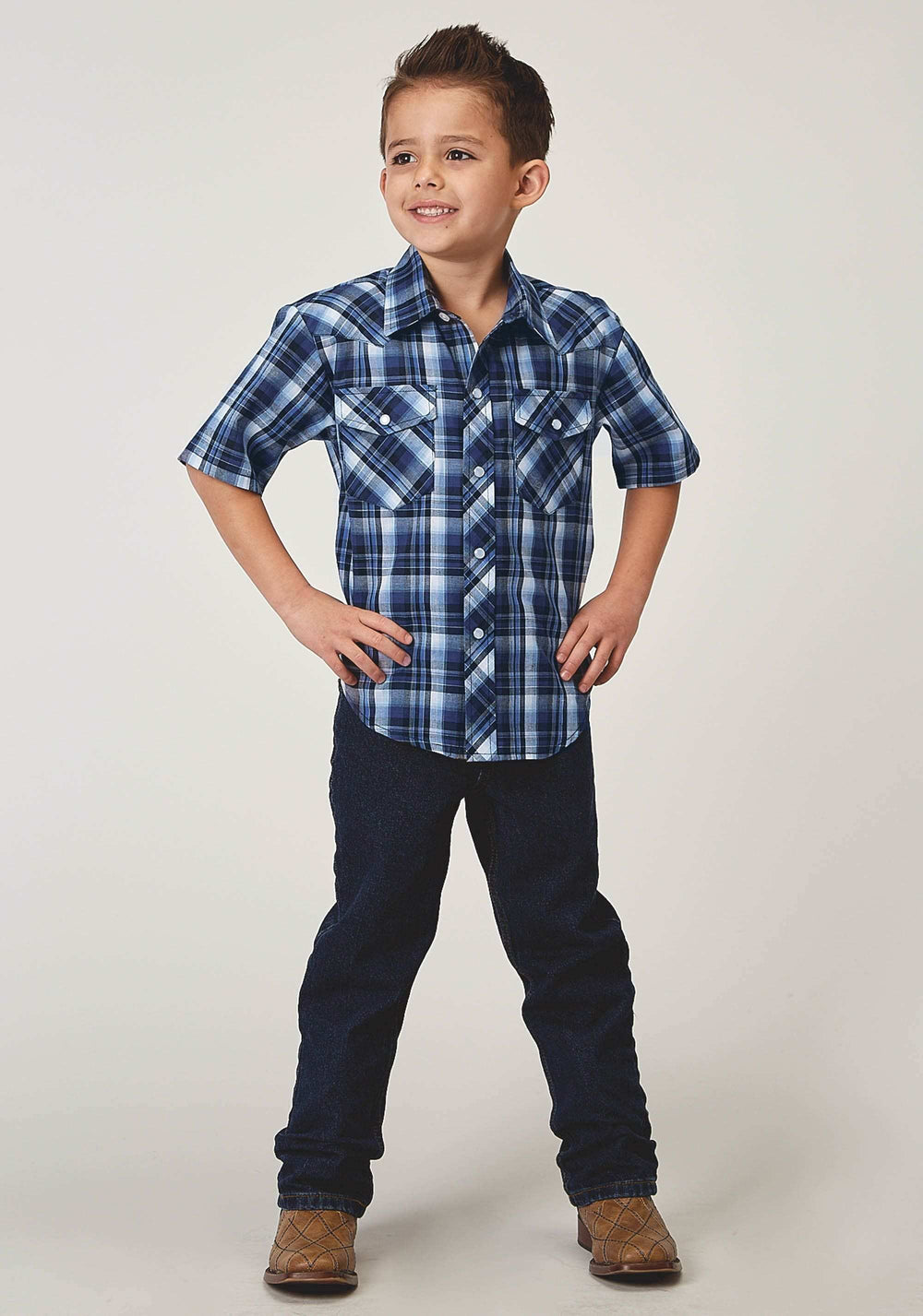 Roper Boys Short Sleeve Snap Midnight Plaid Western Shirt - Roper - Flyclothing LLC