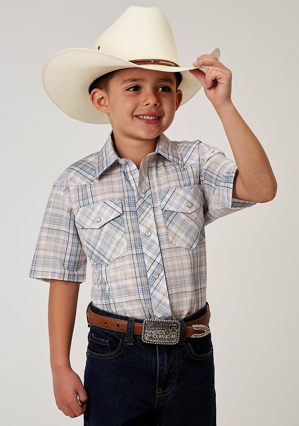 Roper Boys Short Sleeve Snap Multi Plaid Western Shirt - Roper