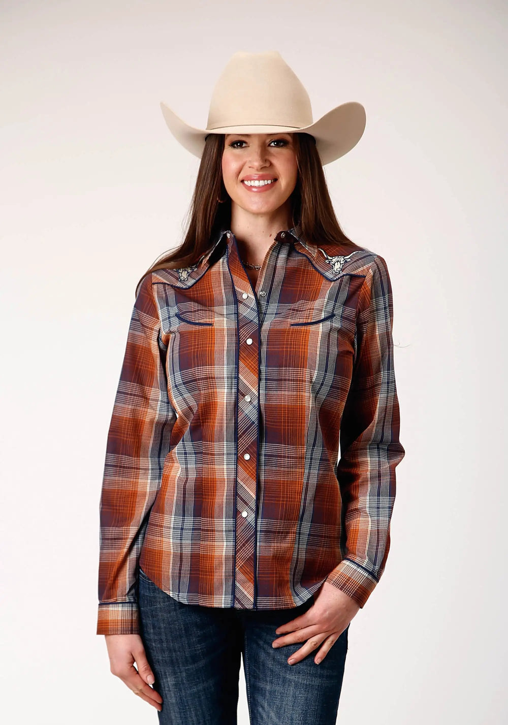 Roper Womens Long Sleeve Snap Brown Navy Cream Plaid Western Shirt With Piping And Embroidery On Yokes - Roper