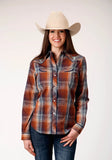 Roper Womens Long Sleeve Snap Brown Navy Cream Plaid Western Shirt With Piping And Embroidery On Yokes - Roper
