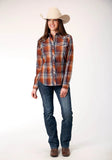 Roper Womens Long Sleeve Snap Brown Navy Cream Plaid Western Shirt With Piping And Embroidery On Yokes - Roper