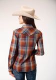 Roper Womens Long Sleeve Snap Brown Navy Cream Plaid Western Shirt With Piping And Embroidery On Yokes - Roper