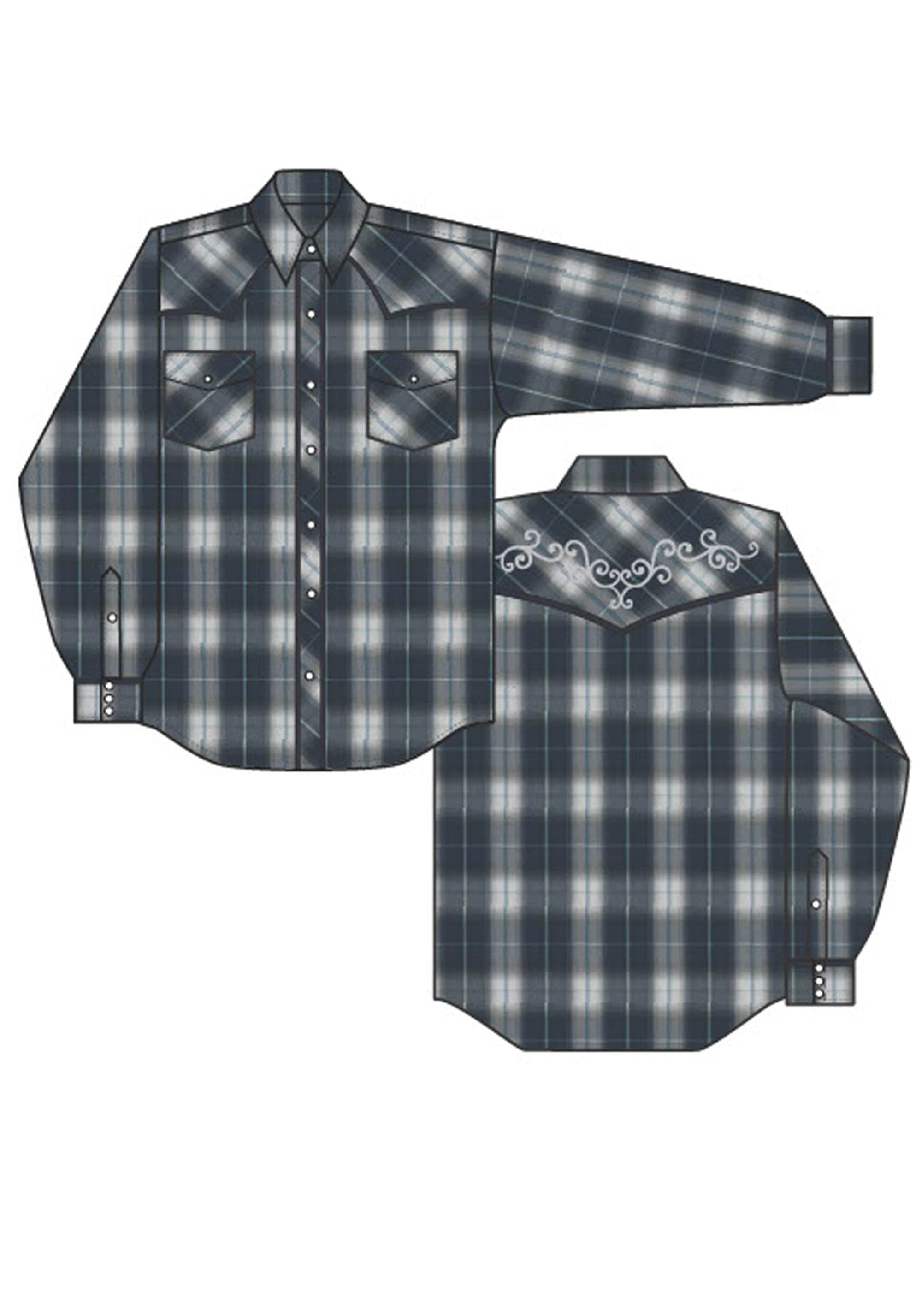 Roper Womens Long Sleeve Snap Navy Grey  And Light Blue Lg Scale Plaid Western Shirt - Roper