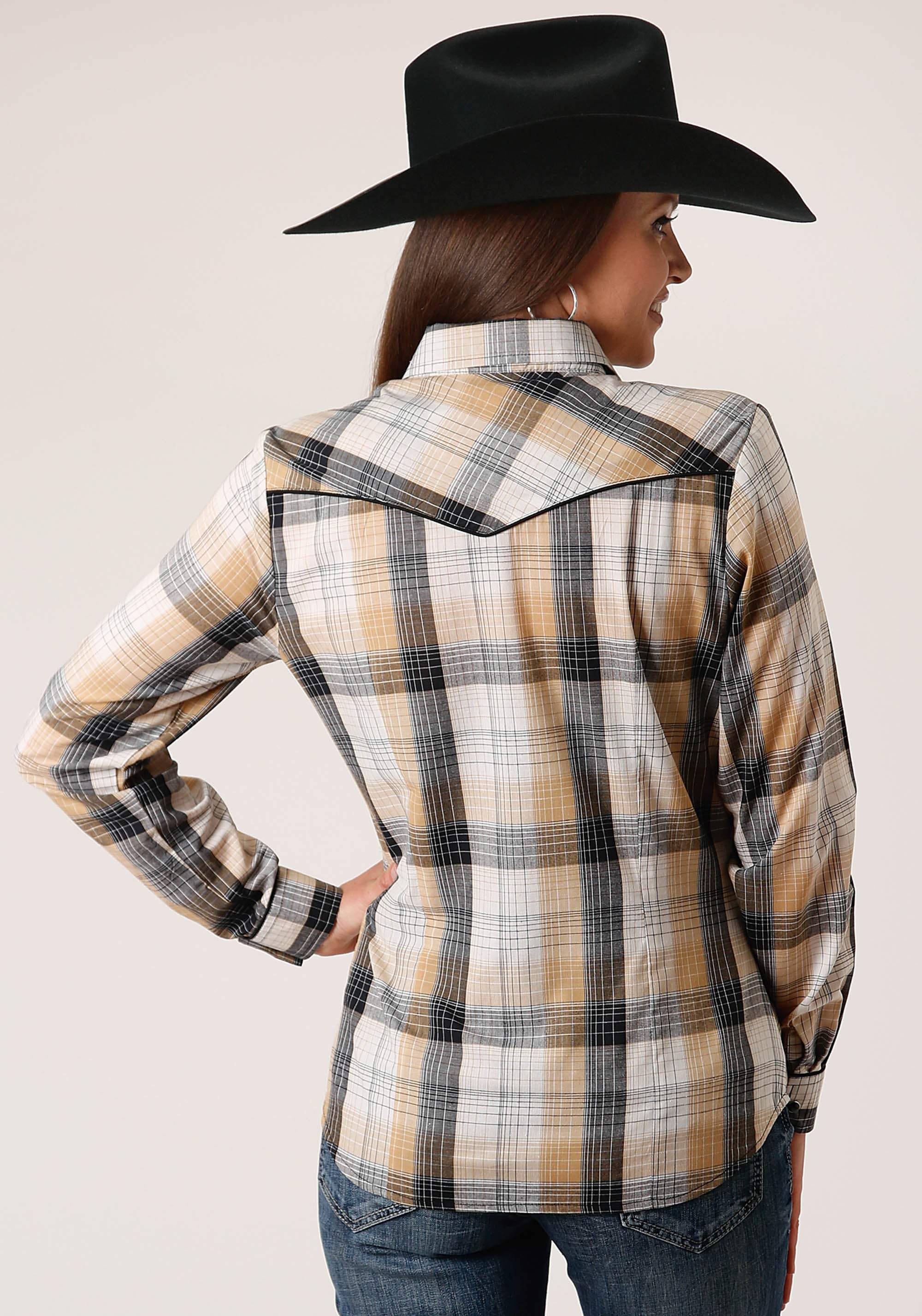 Roper Womens Long Sleeve Snap Black Khaki And White Plaid Western Shirt - Roper - Flyclothing LLC
