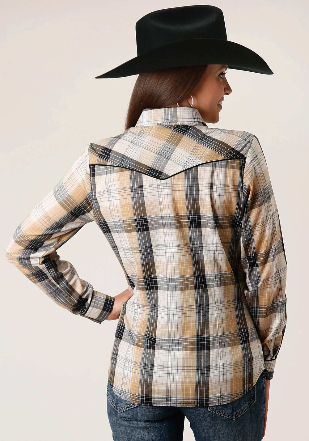 Roper Womens Long Sleeve Snap Black Khaki And White Plaid Western Shirt - Roper - Flyclothing LLC