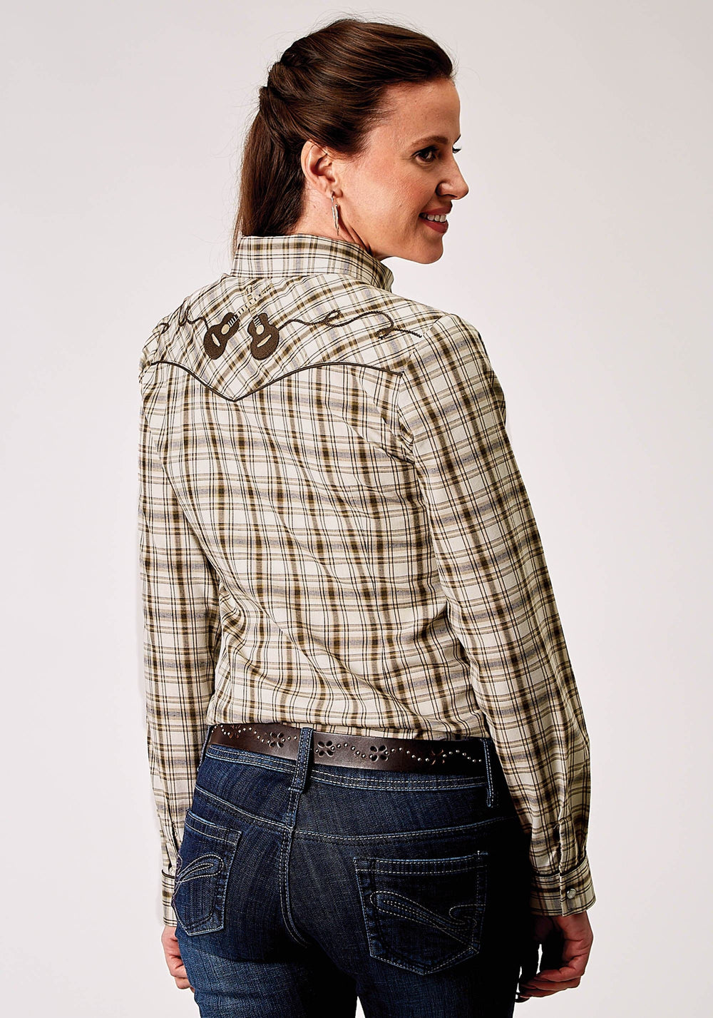 Roper Womens Long Sleeve Snap Desert Plaid Western Shirt With Embroidery On Back Yokes Smile Pockets - Roper