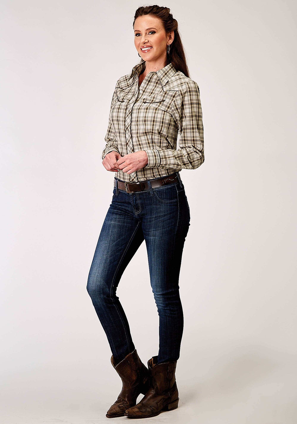 Roper Womens Long Sleeve Snap Desert Plaid Western Shirt With Embroidery On Back Yokes Smile Pockets - Roper - Flyclothing LLC