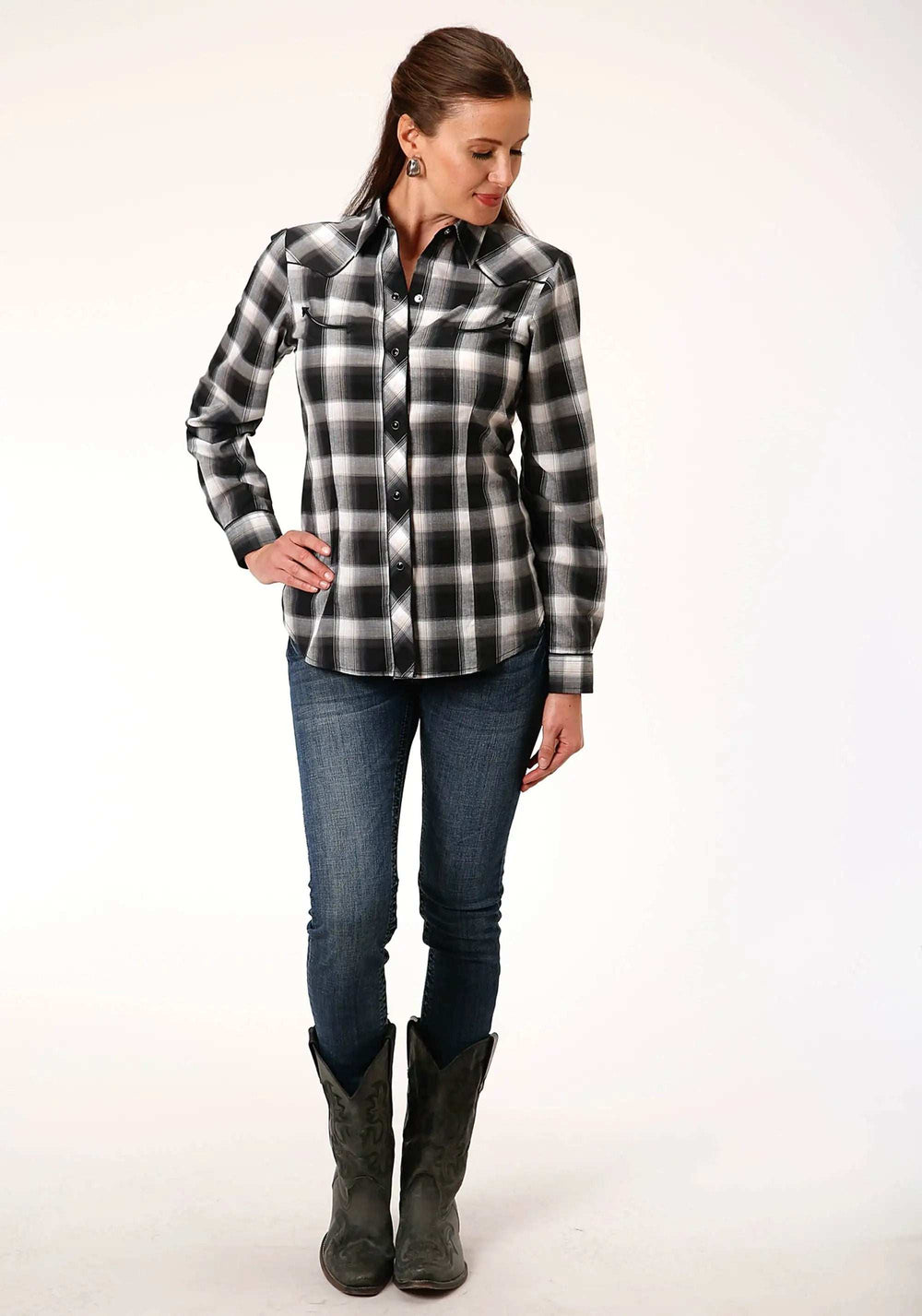 Roper Womens Long Sleeve Snap Black Charcoal And White Plaid Western Shirt - Roper - Flyclothing LLC