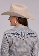 Womens Roper Taupe Blue White Plaid Long Sleeve Snap Shirt - Roper - Flyclothing LLC