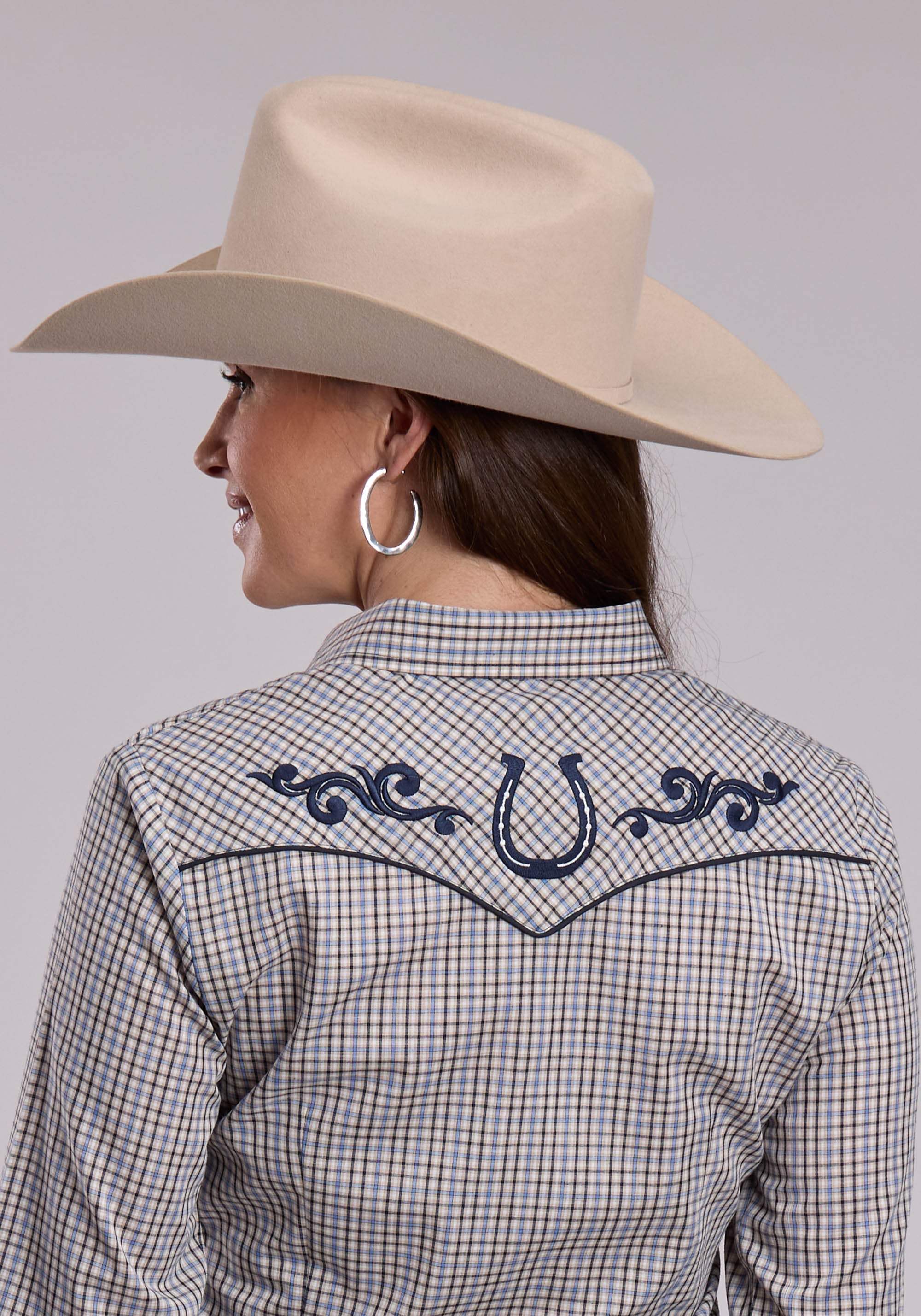 Womens Roper Taupe Blue White Plaid Long Sleeve Snap Shirt - Roper - Flyclothing LLC