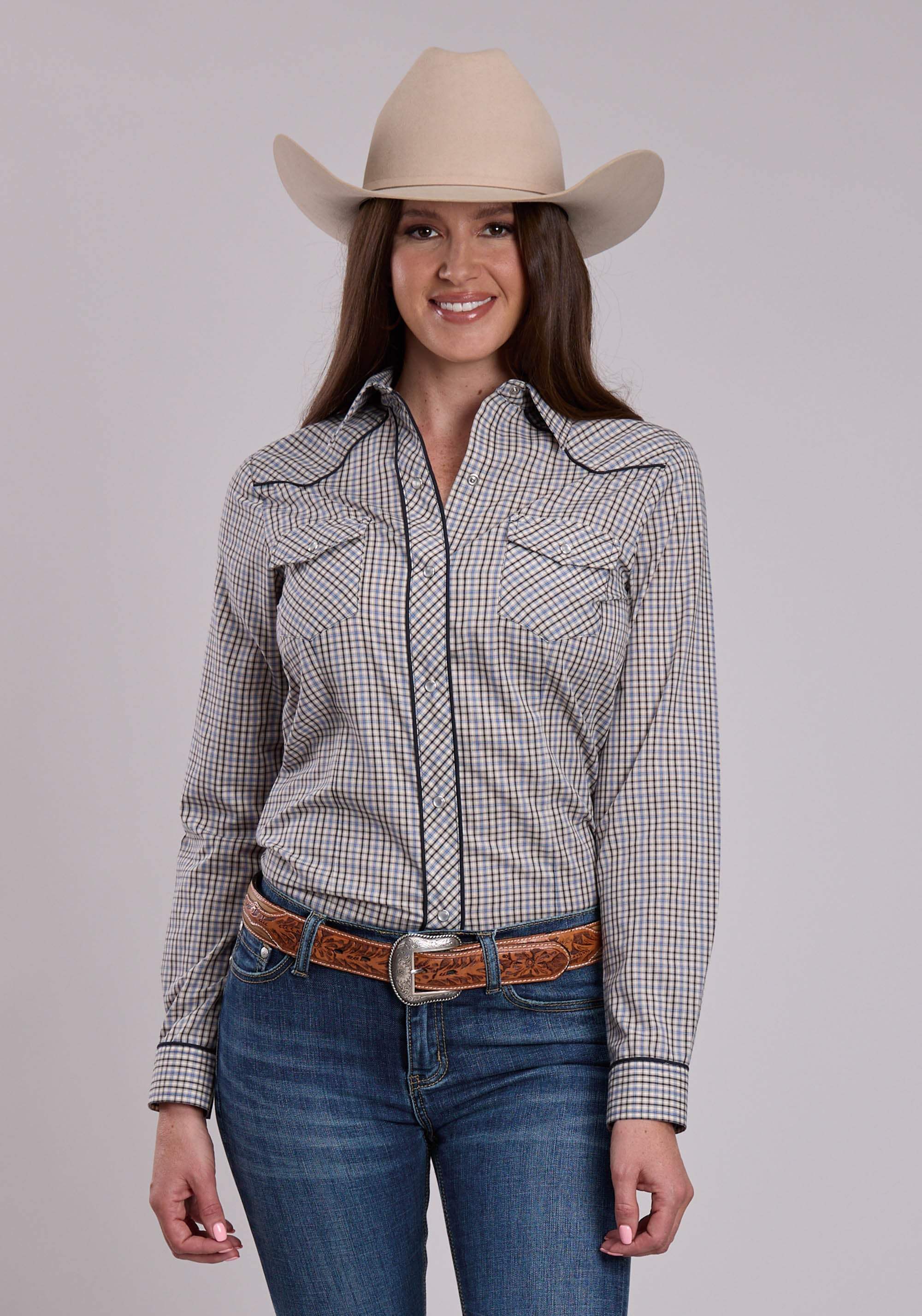 Womens Roper Taupe Blue White Plaid Long Sleeve Snap Shirt - Roper - Flyclothing LLC