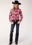Roper Womens Long Sleeve Snap Red Black And White Plaid Western Shirt With Embroidery On Front Yokes Smile Pockets - Roper