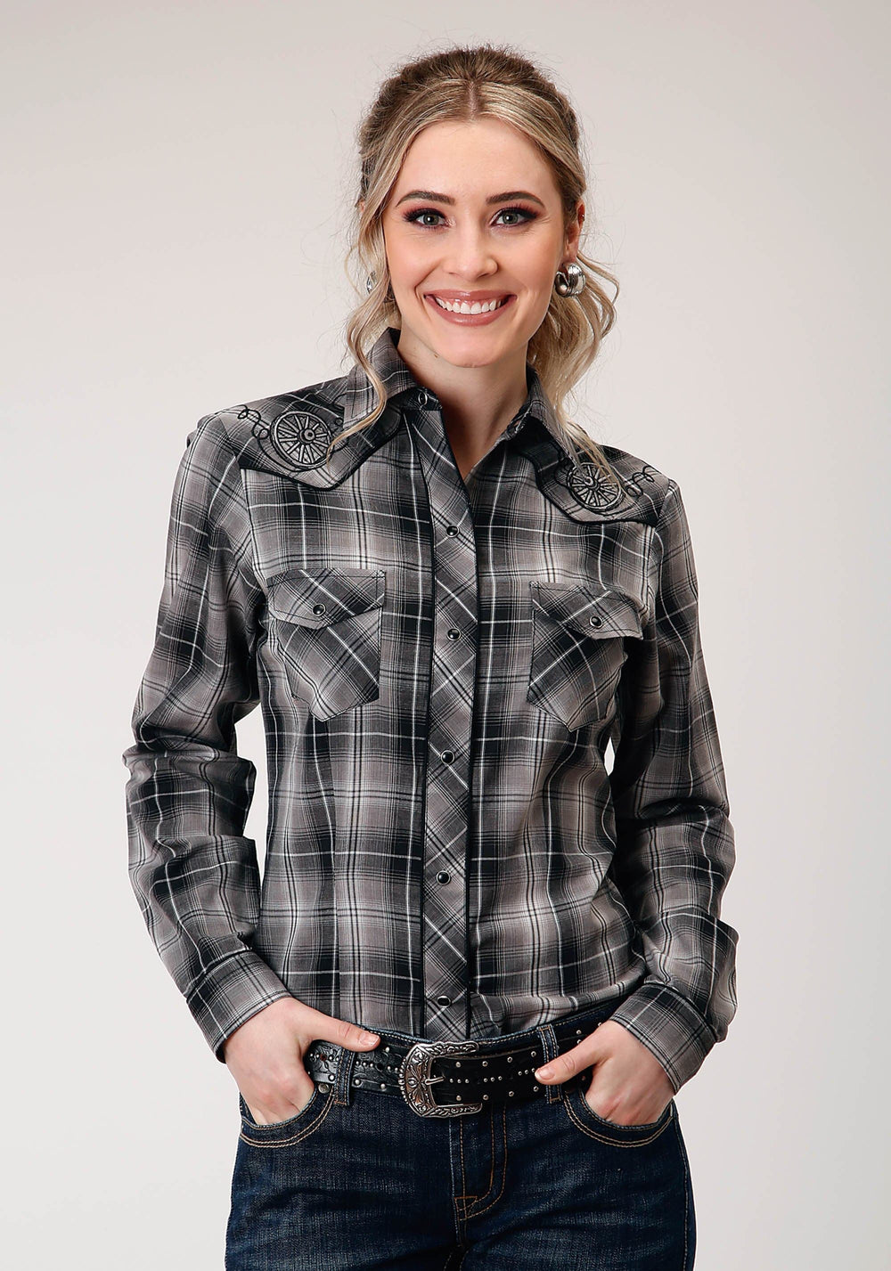 Roper Womens Long Sleeve Snap Black And Grey Plaid Western Shirt - Roper