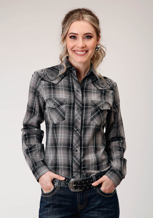Roper Womens Long Sleeve Snap Black And Grey Plaid Western Shirt - Roper