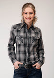 Roper Womens Long Sleeve Snap Black And Grey Plaid Western Shirt - Roper