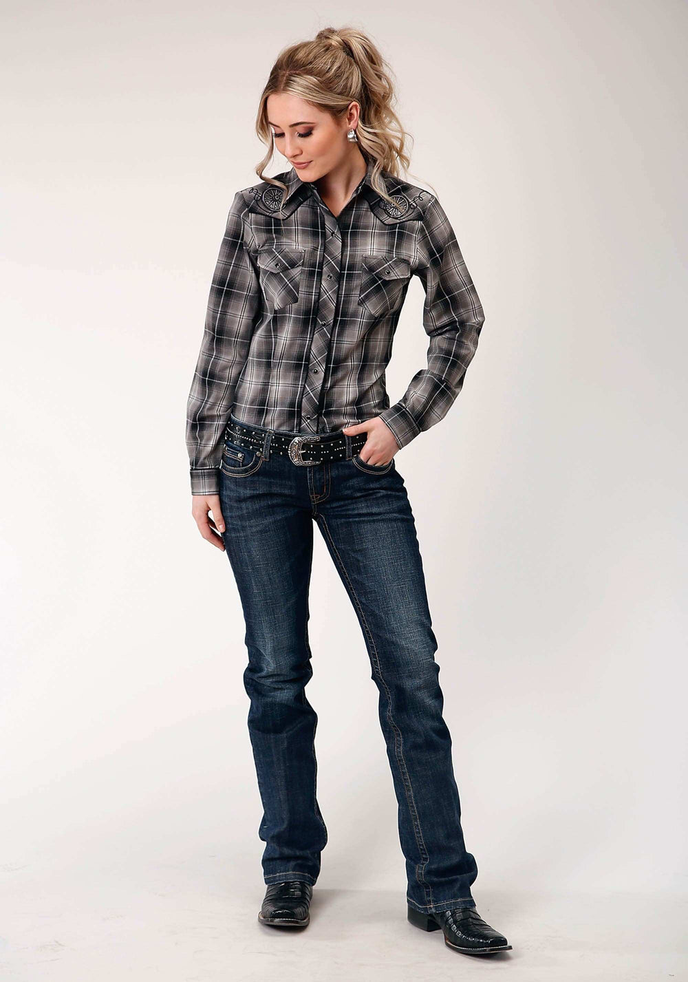 Roper Womens Long Sleeve Snap Black And Grey Plaid Western Shirt - Roper - Flyclothing LLC