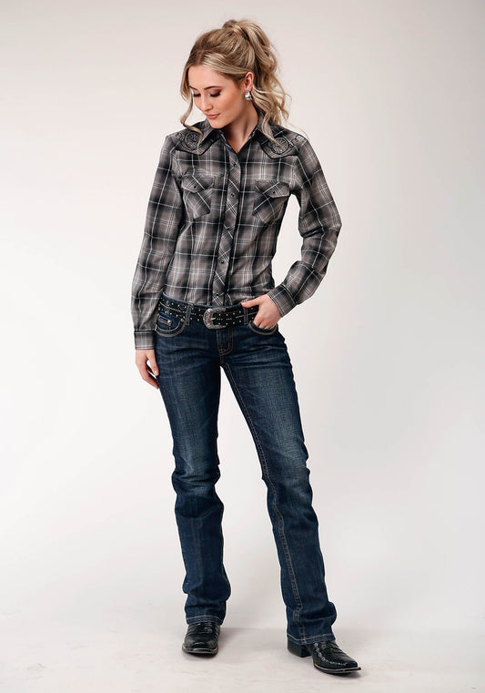 Roper Womens Long Sleeve Snap Black And Grey Plaid Western Shirt - Roper