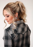 Roper Womens Long Sleeve Snap Black And Grey Plaid Western Shirt - Roper