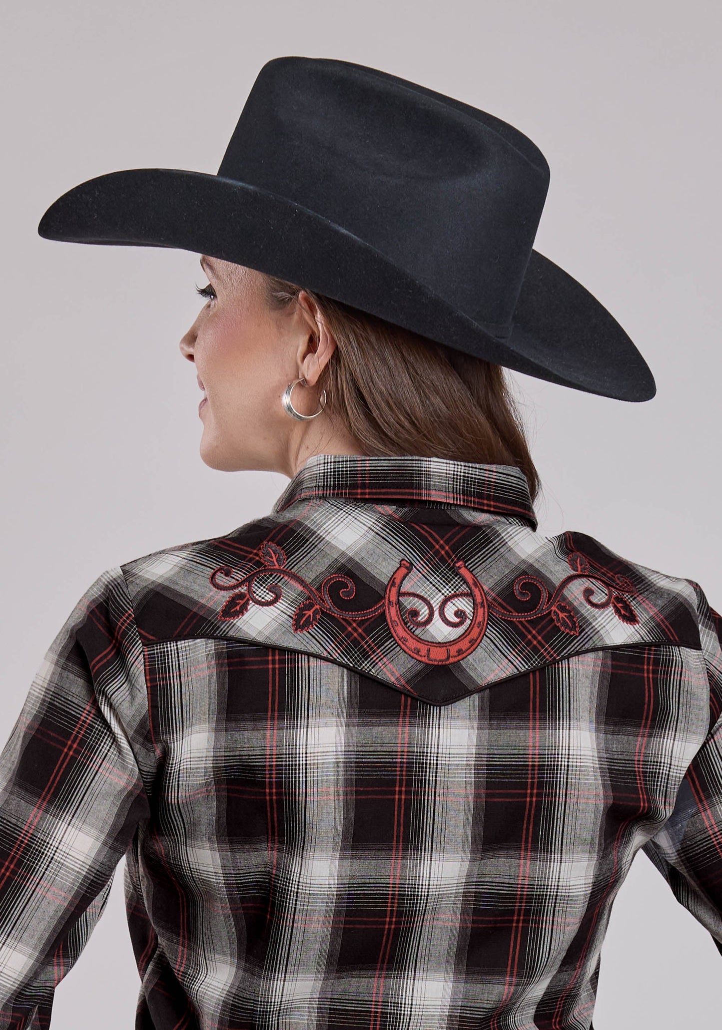 Roper Womens Long Sleeve Snap Black White Red Plaid Western Shirt