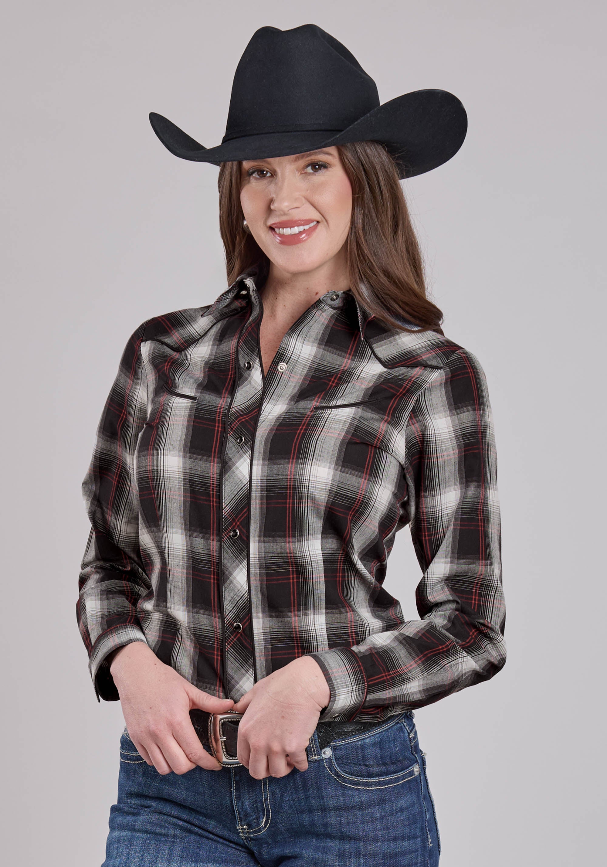 Roper Womens Long Sleeve Snap Black White Red Plaid Western Shirt