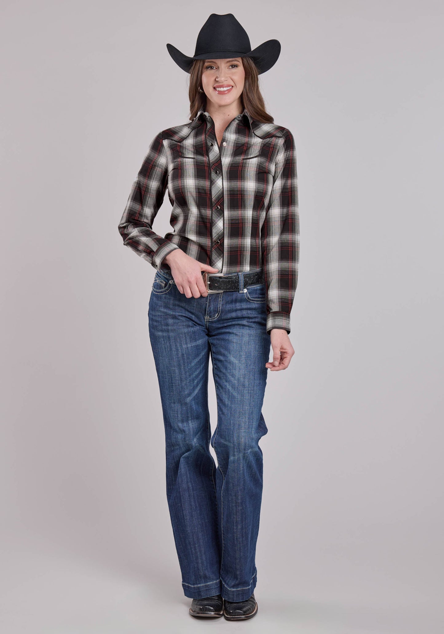 Roper Womens Long Sleeve Snap Black White Red Plaid Western Shirt