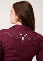 Roper Womens Long Sleeve Snap Solid Broadcloth  Wine Western Shirt - Roper