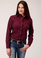 Roper Womens Long Sleeve Snap Solid Broadcloth  Wine Western Shirt - Roper