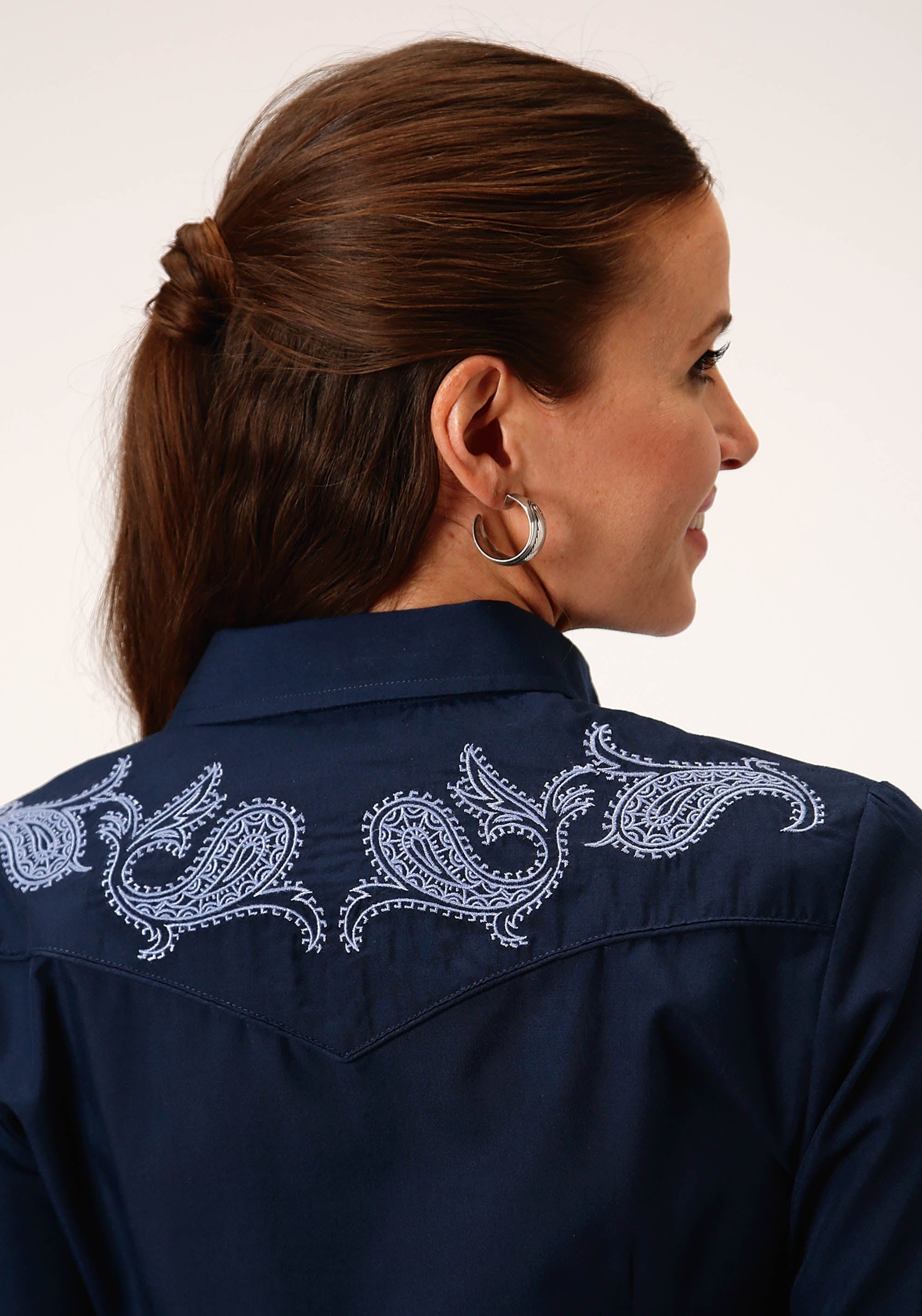 Roper Womens Long Sleeve Snap Solid Navy Blue Western Shirt - Roper