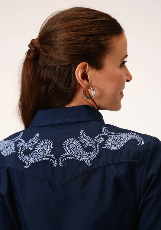 Roper Womens Long Sleeve Snap Solid Navy Blue Western Shirt - Roper