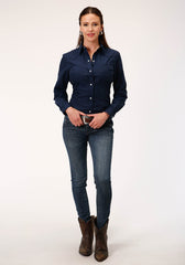 Roper Womens Long Sleeve Snap Solid Navy Blue Western Shirt - Roper