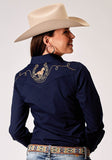 Roper Womens Long Sleeve Snap Solid Broadcloth Deep Navy Western Shirt With Embroidery On Back Yokes Smile Pockets - Roper