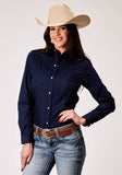 Roper Womens Long Sleeve Snap Solid Broadcloth Deep Navy Western Shirt With Embroidery On Back Yokes Smile Pockets - Roper