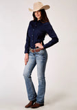 Roper Womens Long Sleeve Snap Solid Broadcloth Deep Navy Western Shirt With Embroidery On Back Yokes Smile Pockets - Roper