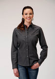 Roper Womens Long Sleeve Snap Dark Charcoal Grey Broadcloth Western Shirt With Self Piping And Embroidery On Yokes - Roper
