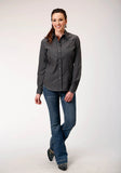 Roper Womens Long Sleeve Snap Dark Charcoal Grey Broadcloth Western Shirt With Self Piping And Embroidery On Yokes - Roper