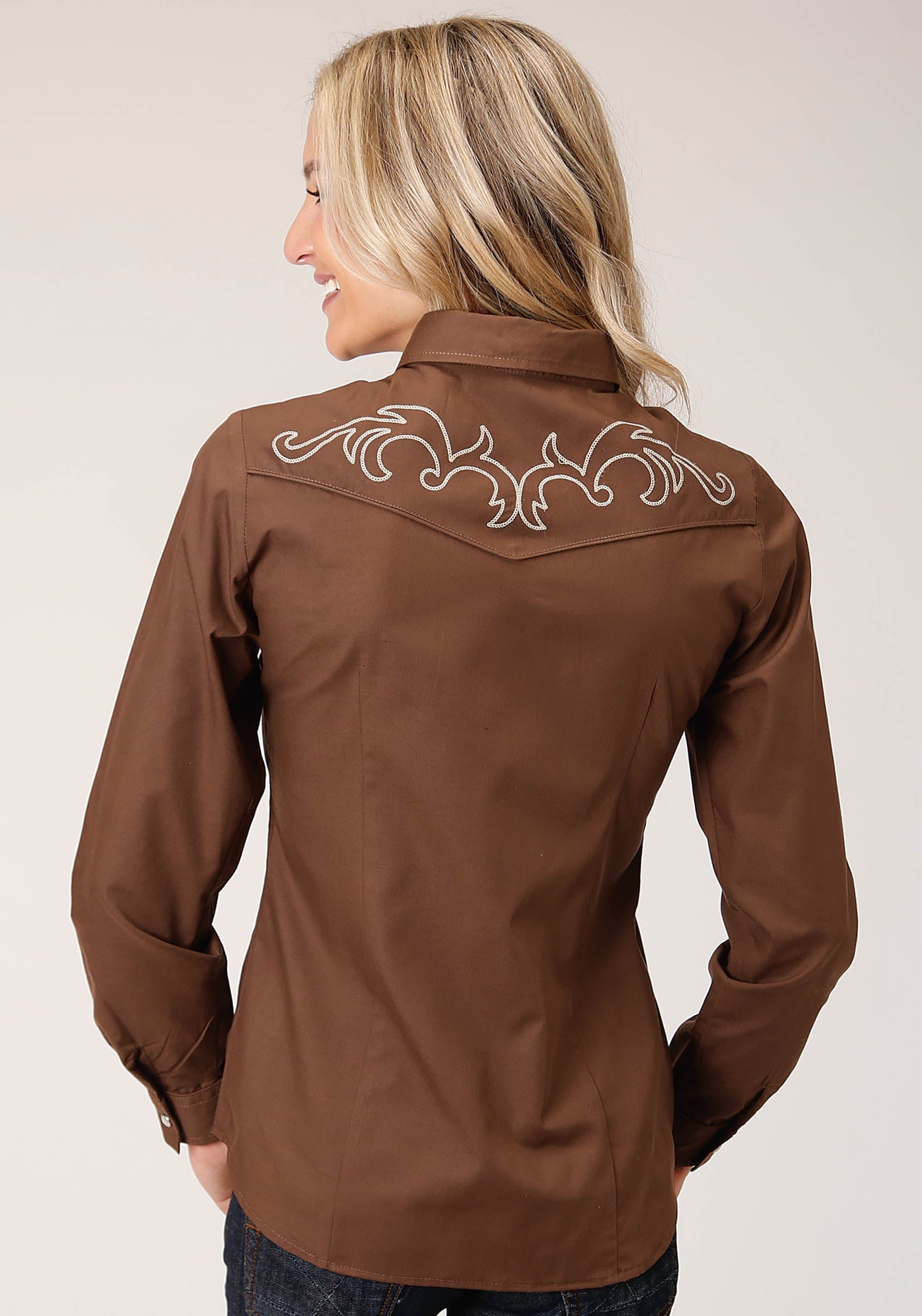 Roper Womens Long Sleeve Snap Solid Warm Browm Broadcloth Western Shirt - Roper