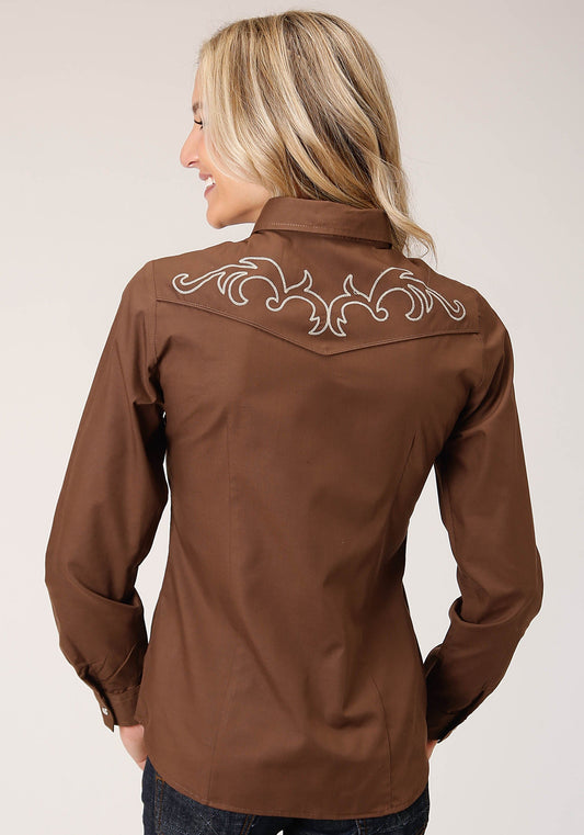 Roper Womens Long Sleeve Snap Solid Warm Browm Broadcloth Western Shirt - Roper
